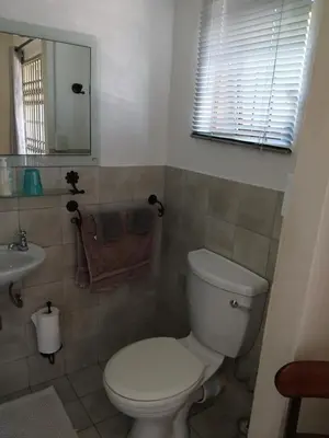 a bathroom with a white toilet and a sink at Rusticana Room1 in Cape Town