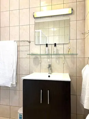 a bathroom with a sink and a mirror at Panthera Cottage Milnerton in Cape Town