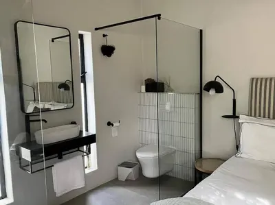 a bathroom with a toilet and a sink and a mirror at True coastal living - 2gether on Voëlklip in Hermanus