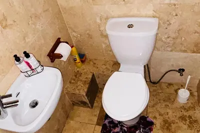 a bathroom with a white toilet and a sink at Studio Apartment Paarl Central in Paarl