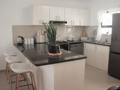 a kitchen with a island with a potted plant on it at Modern 2 bedroom apartment close to shops & beach in Gordonʼs Bay