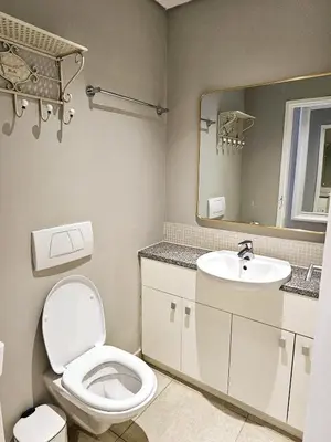 a bathroom with a toilet and a sink and a mirror at Portico 1103 in Cape Town