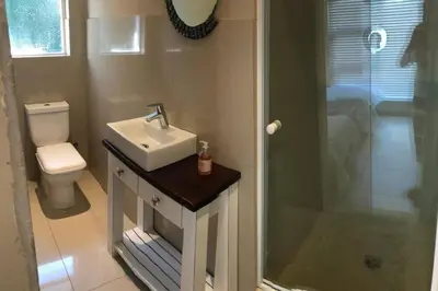 a bathroom with a sink and a shower and a toilet at House in Hermanus Voëlklip in Hermanus