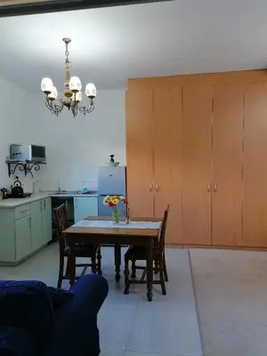 a kitchen with a table and some chairs and a refrigerator at The Broad Place in Worcester