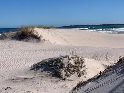 a mound of sand on a beach next to the ocean at Seaview on 2822 - Romantic Ocean Studio in Bettyʼs Bay