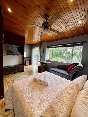 a bedroom with a bed and a ceiling fan at SharronDeez in Cape Town