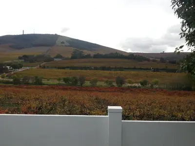 a white fence in front of a field with a hill at D'Aria Guest Cottages in Durbanville