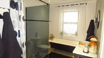 a bathroom with a shower and a toilet and a sink at Sonvanger 3 in Paarl
