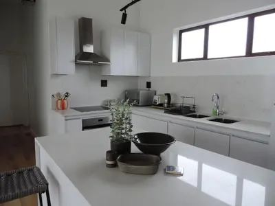 a kitchen with white cabinets and a counter with a plant at Central Retreat Cozy Apartment Near Attractions in Cape Town