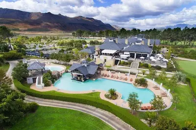 an aerial view of a house with a swimming pool at Luxury Lodge 5F, Pearl Valley Golf Estate in Paarl