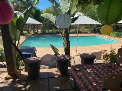 a pool with a table and some plants and an umbrella at The Villa at Marnas Private Self-Catering Accommodation in Cape Town