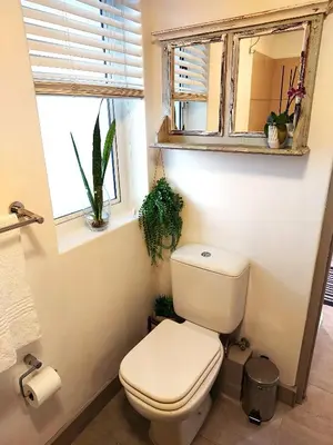 a bathroom with a toilet and a window with plants at 404 Horizon Bay in Bloubergstrand