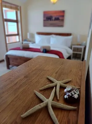 two starfish on a wooden table in a bedroom at Garden City Summer in Cape Town