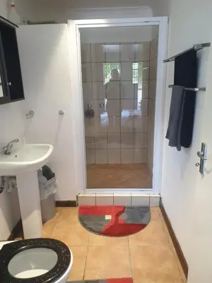 a bathroom with a shower with a toilet and a sink at Cape Cottage in Cape Town
