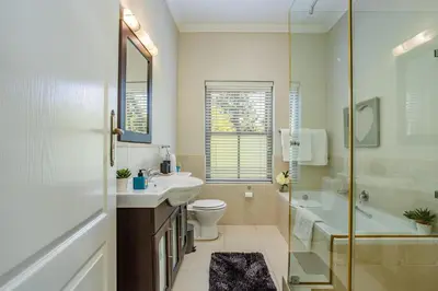a bathroom with a sink and a toilet and a shower at Luxury Five Bed House in the Heart of Franschhoek in Franschhoek