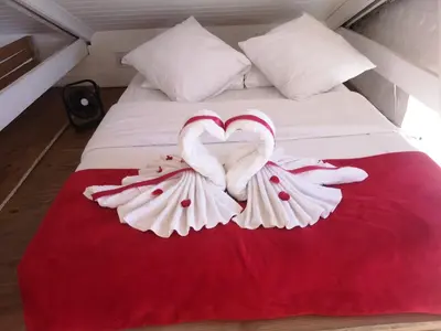 a bed with two white swans forming a heart at Coastal Cozy Home in Cape Town