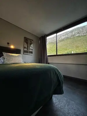 a bedroom with a bed and a large window at Villa Silver Vos in Hermanus