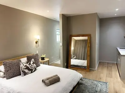 a bedroom with a large bed and a mirror at Stellenbosch Winelands Apartment in Stellenbosch