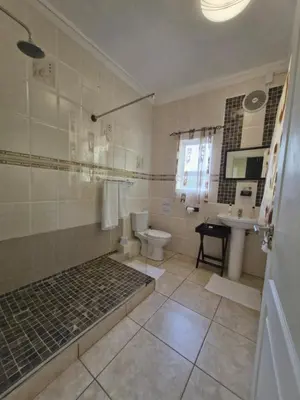 a bathroom with a shower and a toilet and a sink at Lumley's Place Guesthouse in Pniel