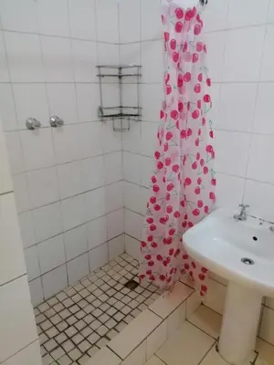 a bathroom with a sink and a shower curtain at 37 Grant prix lodge in Cape Town