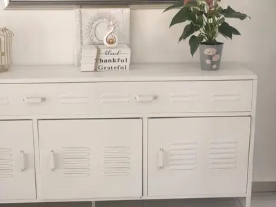 a white dresser with a plant on top of it at Spacious Double Room with Pool, Free WiFi, Self-Catering Kitchen in Cape Town