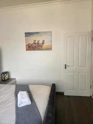 a bedroom with a bed and a picture on the wall at Spacious Double Room with Pool, Free WiFi, Self-Catering Kitchen in Cape Town