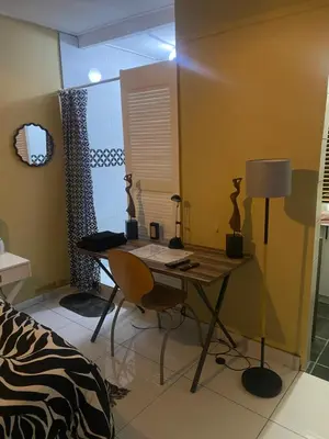 a bedroom with a desk with a lamp and a bed at Flaming Place in Cape Town
