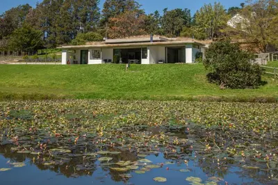 a house with a lot of water lilies in a pond at Villetta in Mosselrivier