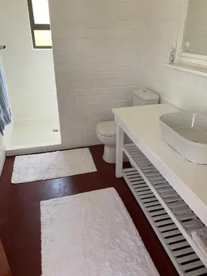 a white bathroom with a sink and a toilet at Two Palms Cottage in Hermanus