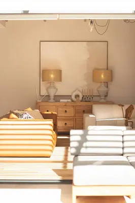 a living room with two couches and two lamps at Bikini House - With Pool in Hermanus