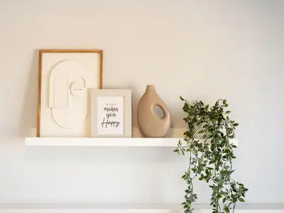 a shelf with a picture and a vase and a plant at Seaside Serenity in Hermanus