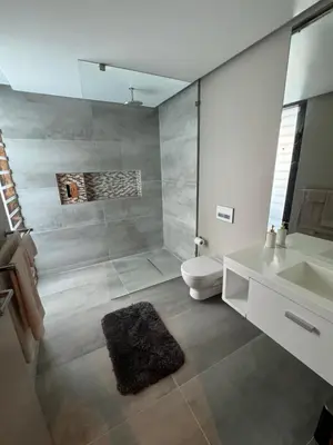 a bathroom with a shower and a toilet and a sink at Luxury Vineyard Suites in Cape Town