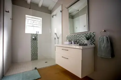 a bathroom with a shower and a sink and a white cabinet at Plaisir du Cap in Hermanus