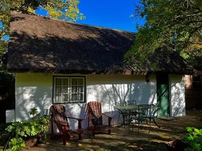 a house with chairs and a table and a thatch roof at Mouse House Greyton - tiny home living in Greyton