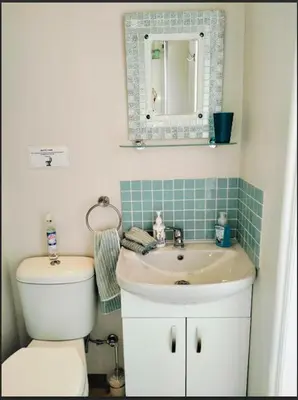 a bathroom with a sink and a toilet and a mirror at C es Cape in Pringle Bay