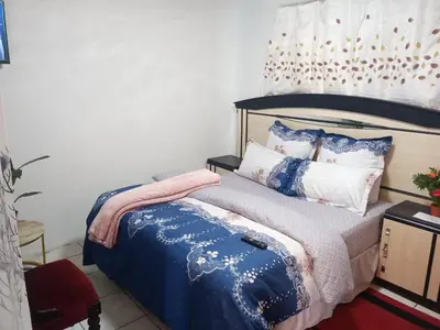 a bedroom with a bed with a blue blanket and pillows at One Bedroom Apartment in Cape Town