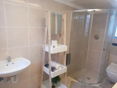 a bathroom with a shower and a sink and a toilet at One Bedroom Apartment in Cape Town