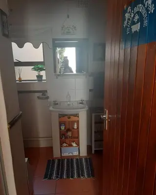 a bathroom with a sink and a mirror at Voëlklip garden flat in Hermanus