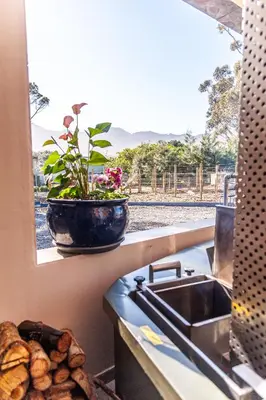 a kitchen with a sink and a potted plant on a window at Serenity Vista Retreat in Cape Town
