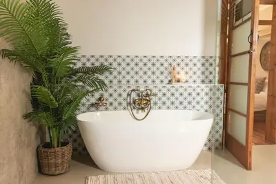 a bathroom with a white tub and a plant at The View Guesthouse & Cottage in Caledon