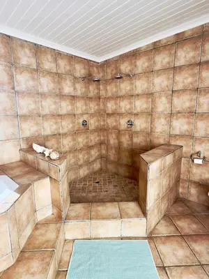 a bathroom with a shower with a tiled wall at Simunye Cottage in Simondium