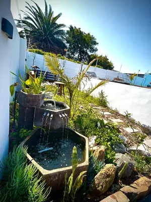 a garden with a water fountain in a yard at Villa Rosa Luxury in Cape Town