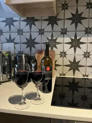 two glasses of wine on a counter with a bottle of wine at Luxury at The Den in Stellenbosch