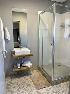 a bathroom with a shower and a sink at Luxury at The Den in Stellenbosch