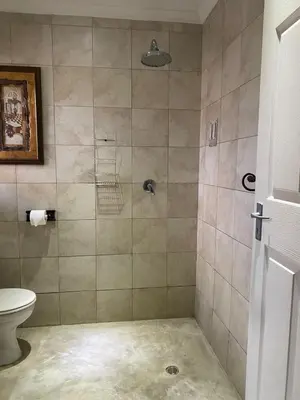 a bathroom with a shower and a toilet at Delash Pine Villa in Cape Town