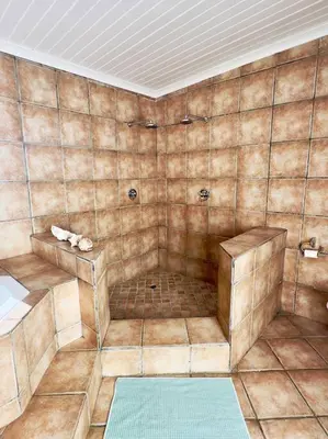 a bathroom with a shower with a tiled wall at Tuscan Farmhouse near Franschhoek in Simondium