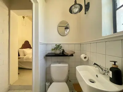 a bathroom with a toilet and a sink and a mirror at La Rose Quartier in Wellington