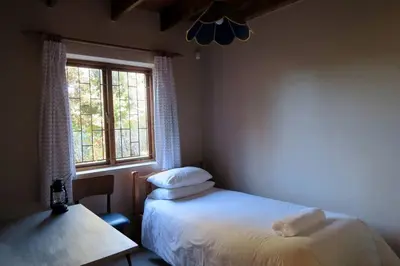 a bedroom with two beds and a window at Hidden gem in bush 350m from main beach in Bettyʼs Bay