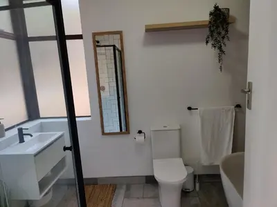 a bathroom with a toilet and a sink and a mirror at Gordon's Bay Sunset View in Cape Town
