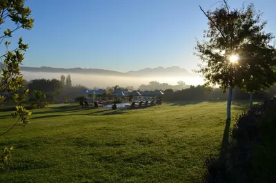 a misty morning at the golf course at Cultivar Boutique Hotel in Stellenbosch